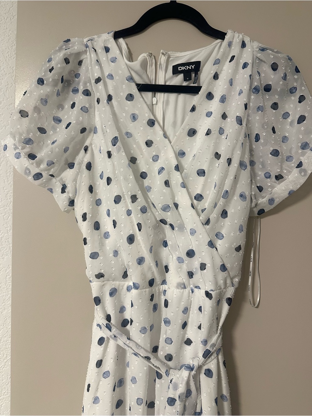 DKNY White Dressy Wrap Top with Blue Polka Dots